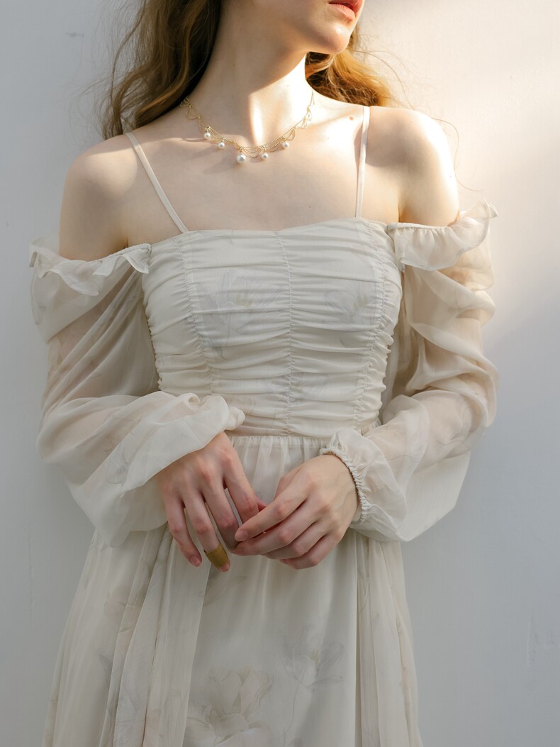 Buy Romantic Cream Sheer Layered Dress - Megustas