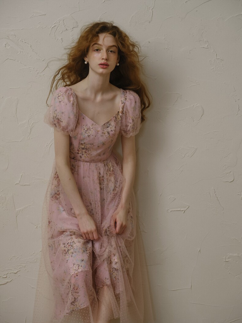 Sheer Mesh Floral Puff Sleeve Pink Dress