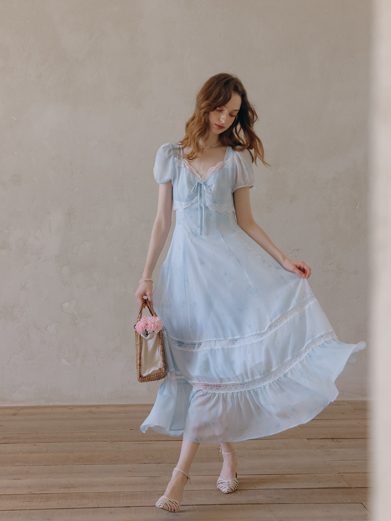 Puff Sleeve Lace Hem A-Line Sheer Light Blue Dress