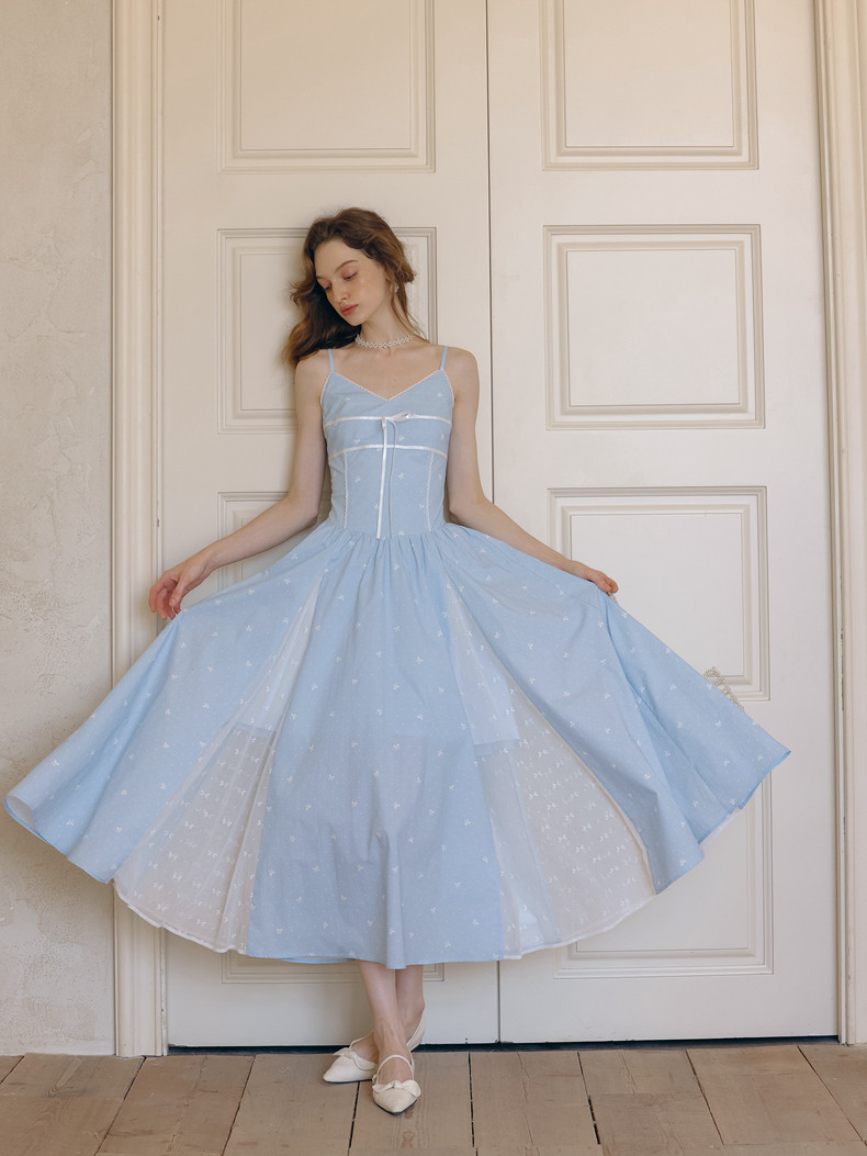 High Waist Seam Spaghetti Strap A-Line Light Blue Dress