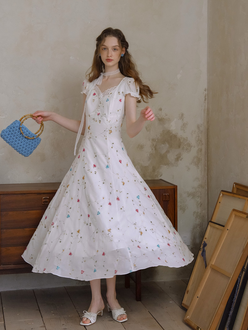 V-Neck Lace Trim Floral White Dress