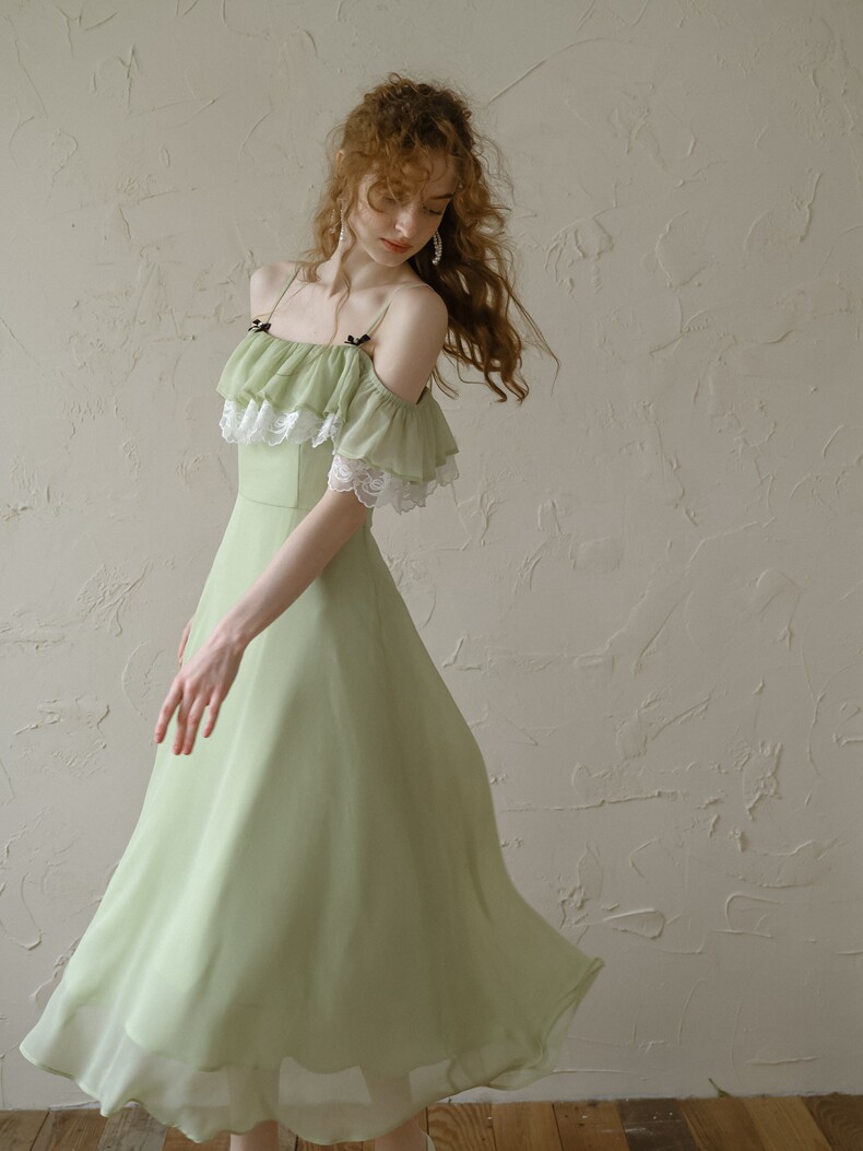 Mint Green High Waist Lace Trim A-Line Dress