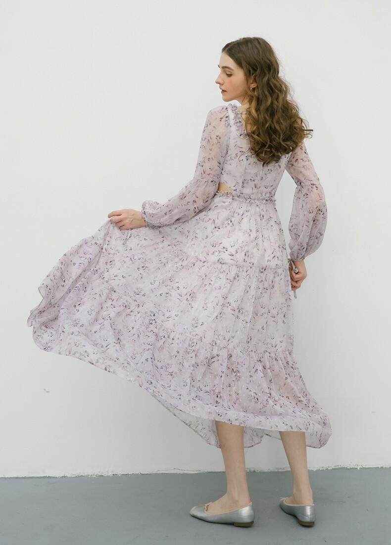 Long Sleeve Ruffle Trim Tiered Floral Dress