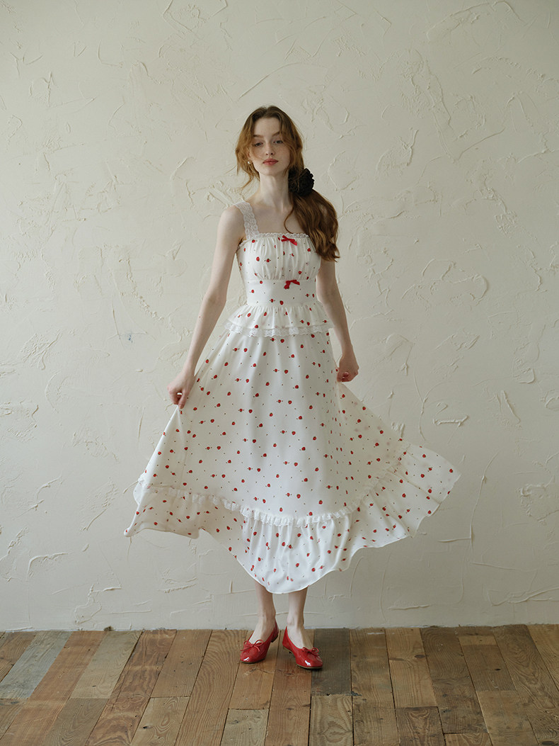 White Red Cherry Bow Wide Strap Dress