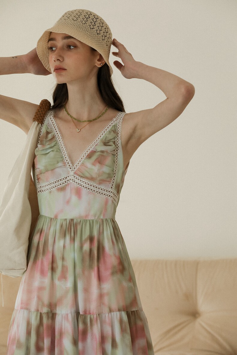 V-Neck Lace Trim Tiered Slip Watercolor Maxi Dress