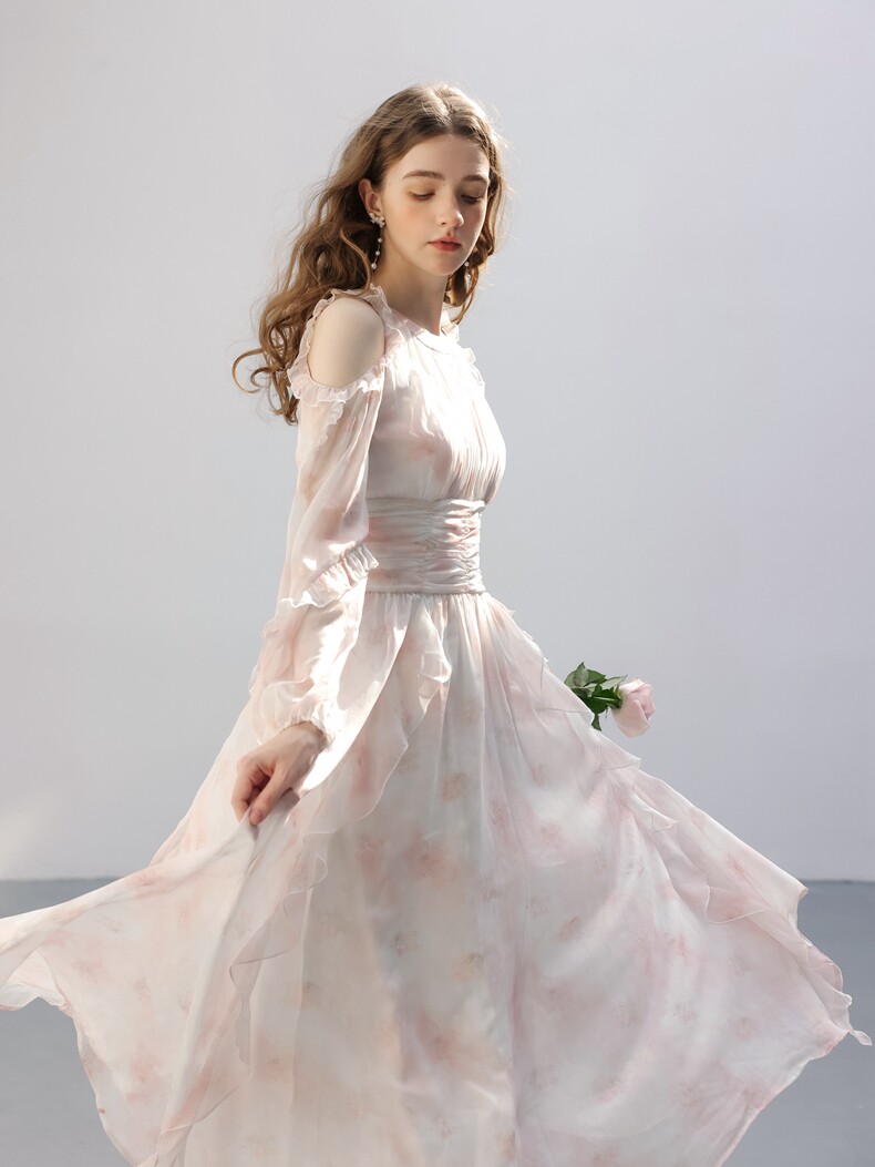Cutout Shoulder Ruffle Sleeve Watercolor Dress