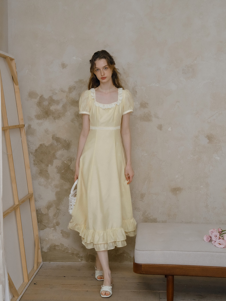 Buy Elegant Pastel Yellow Dress with Lace Neckline & Hem - Megustas