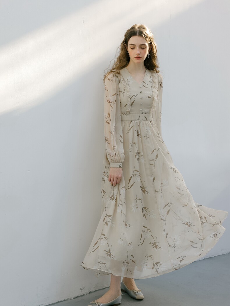 Buy Beige Floral Chiffon Dress V-Neck Ruffle Trim Long Sleeve - Megustas