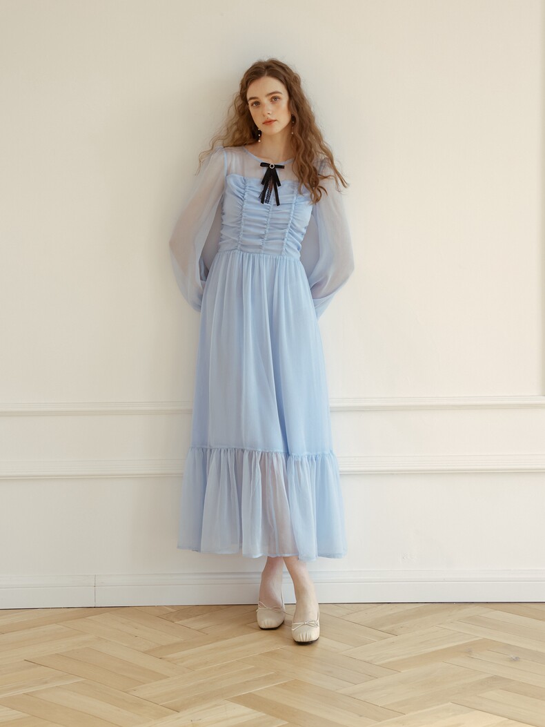 Buy Vintage Ruched High-waist Chiffon Dress - Megustas