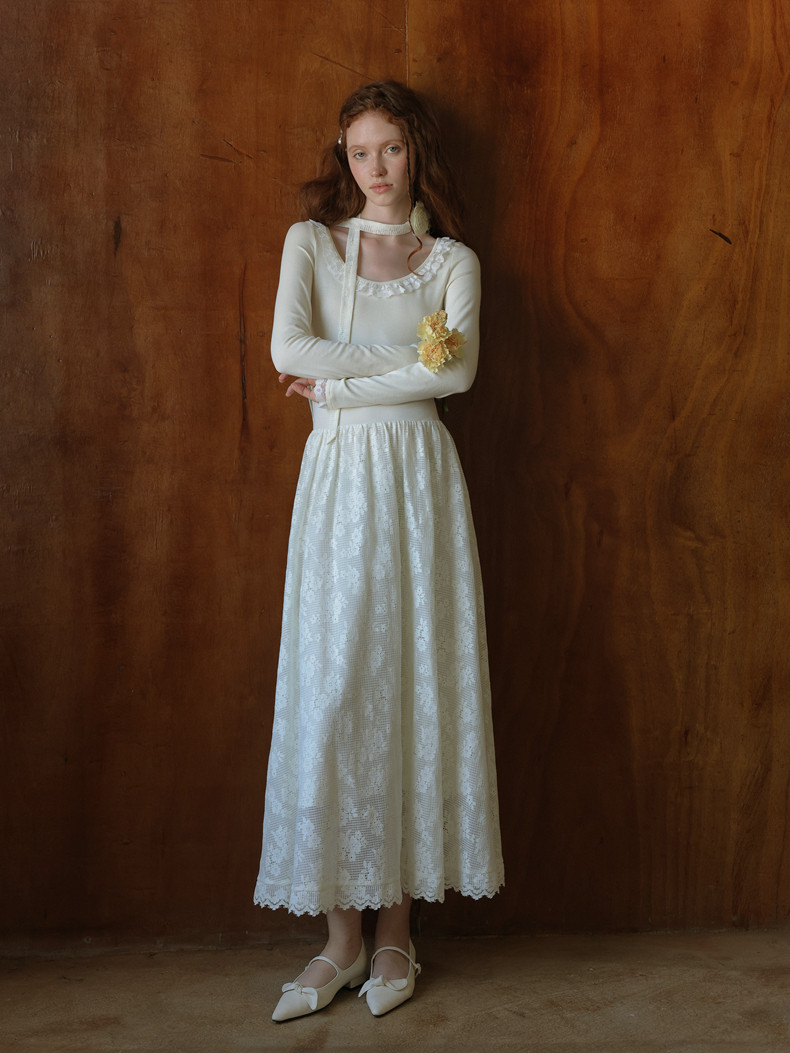 Long Sleeve Waisted Lace Hem White Dress