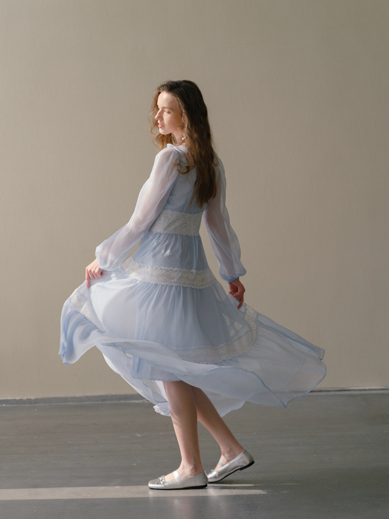 Light Blue Lace Trim Tiered A-Line Maxi
