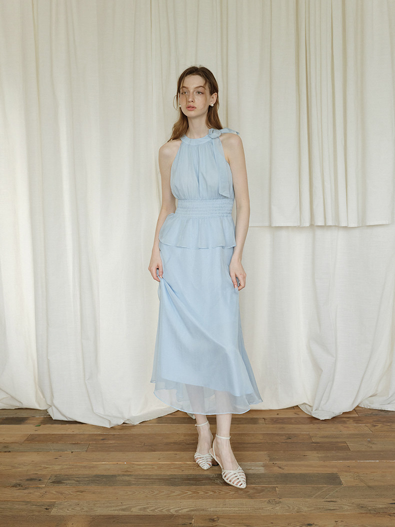 Sleeveless Halter Pleated Chiffon Maxi