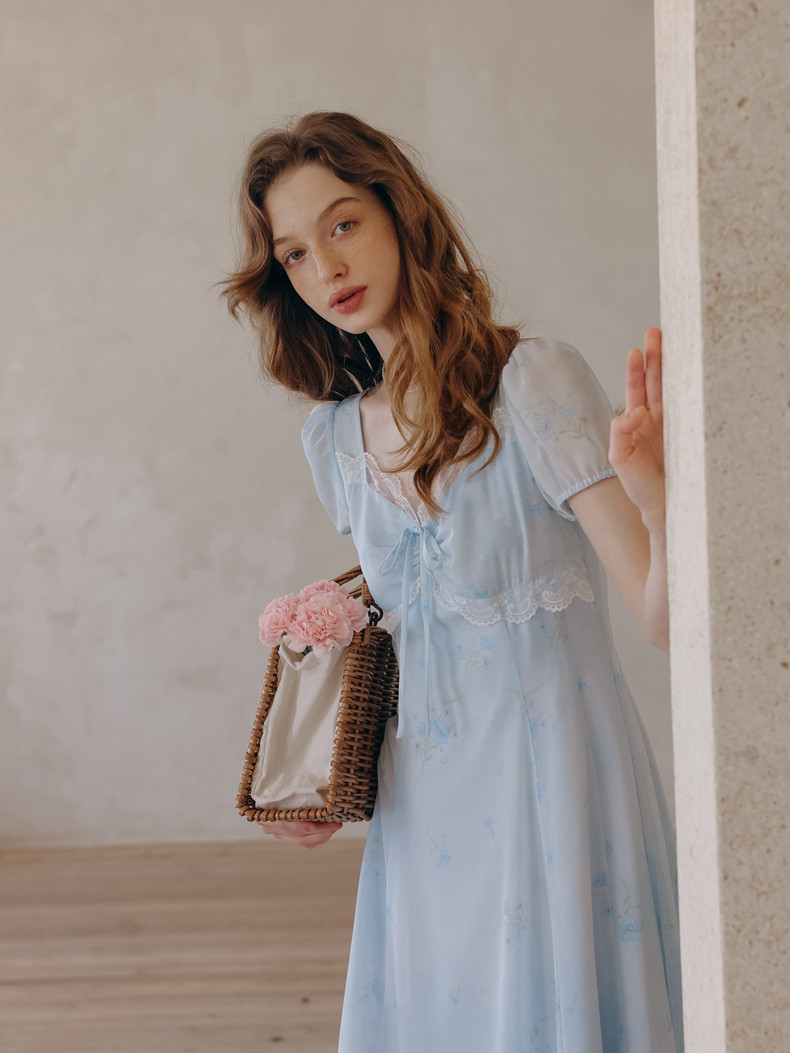 Puff Sleeve Lace Hem A-Line Sheer Light Blue Dress