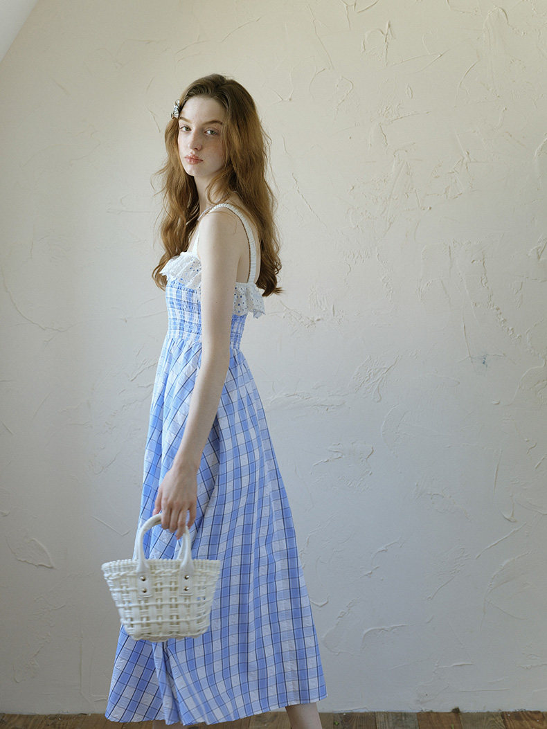 Blue White Plaid Lace Trim Slip Dress