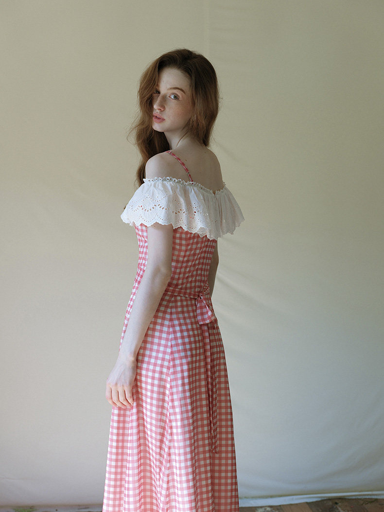 Buy Red Gingham Off-Shoulder Dress Lace Ruffle Vintage - Megustas