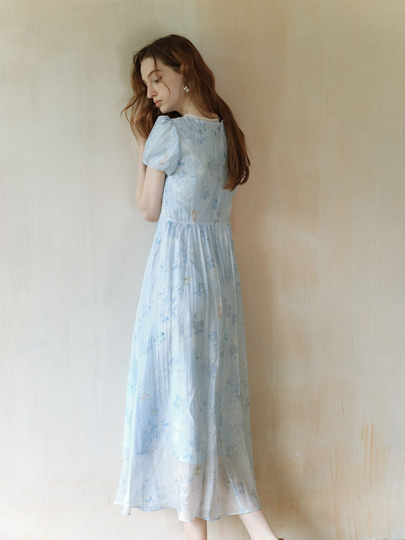 Buy Vintage Blue Puff Sleeve Tea Dress - Megustas