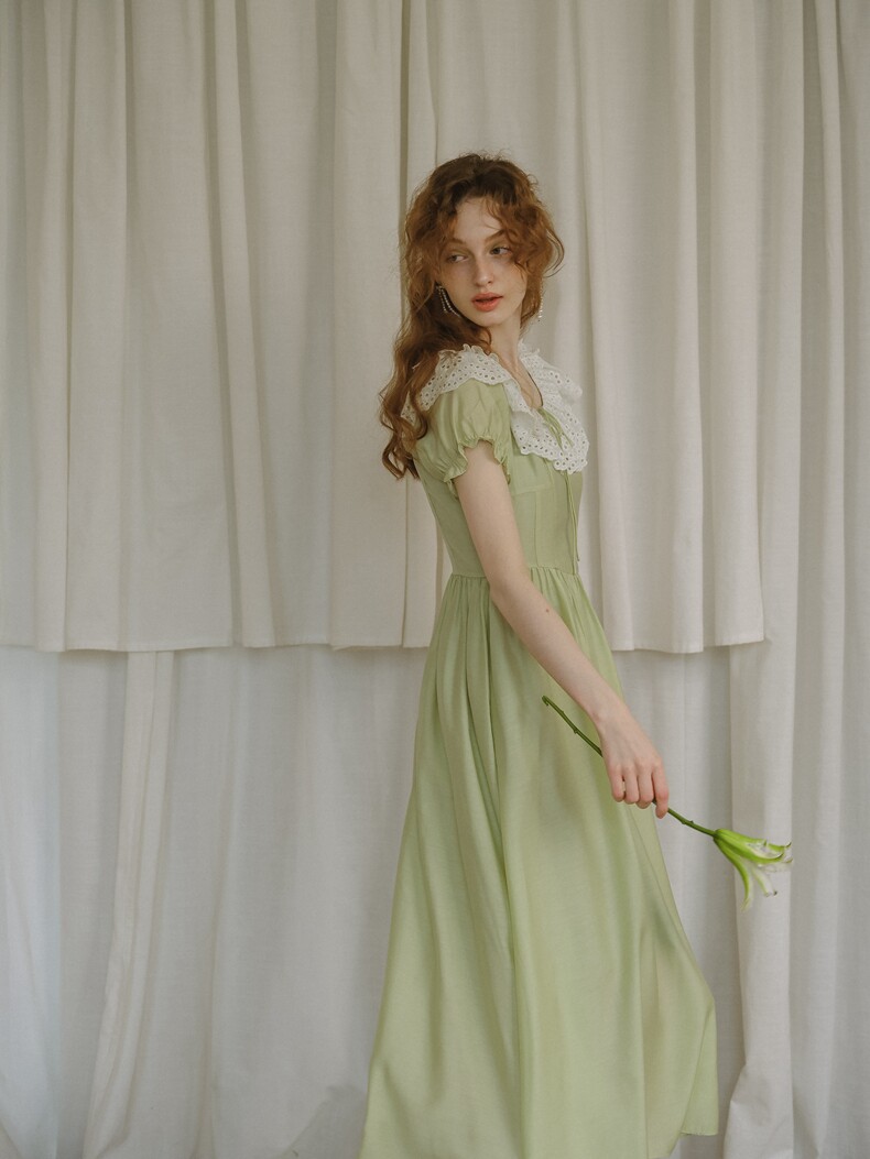 Fresh Green Crochet Lace Collar Dress