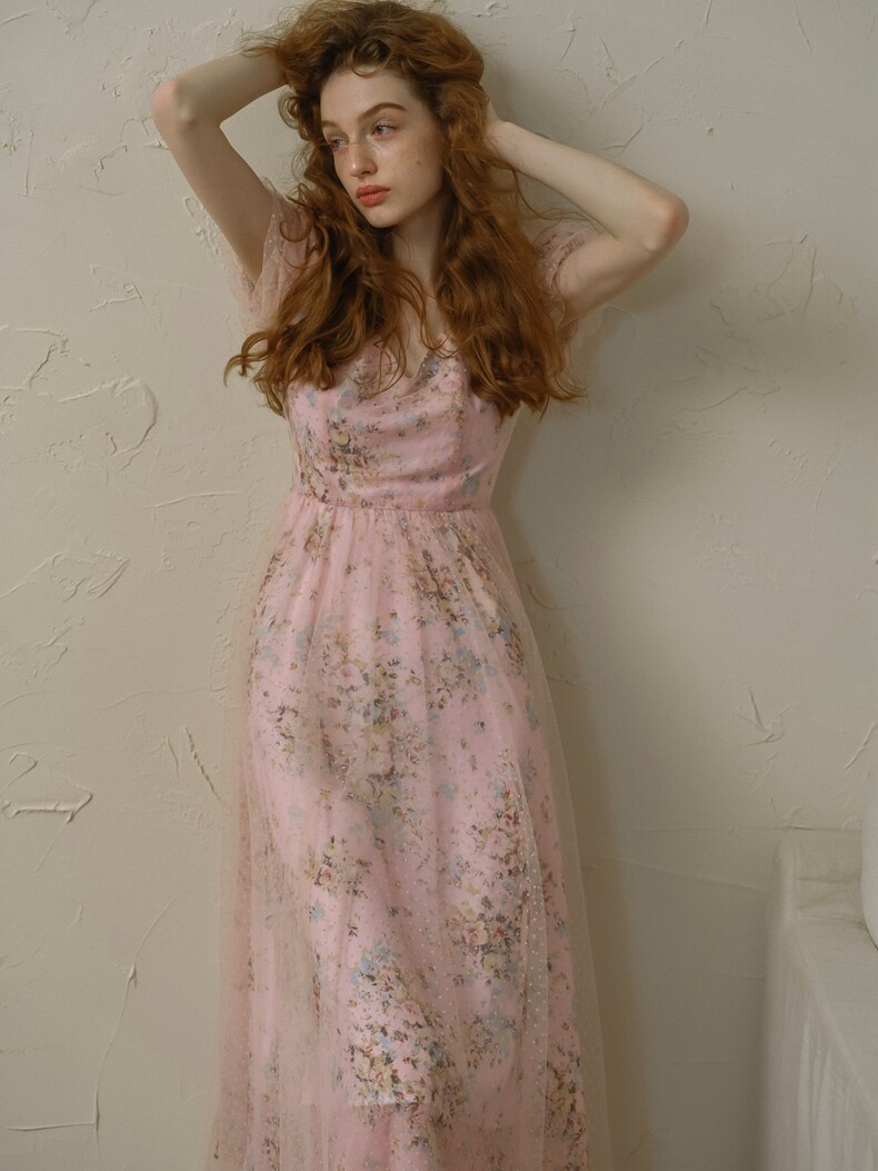 Sheer Mesh Floral Puff Sleeve Pink Dress