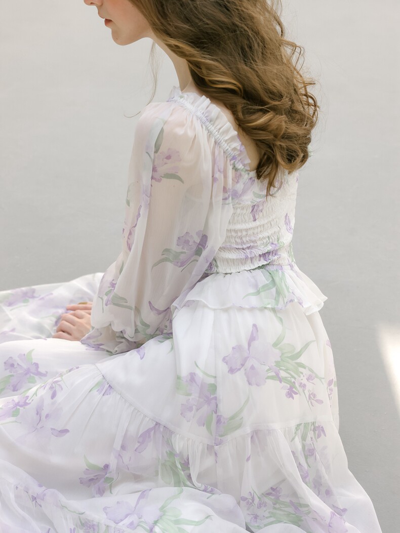White Floral Smocked Square Neck Midi Dress