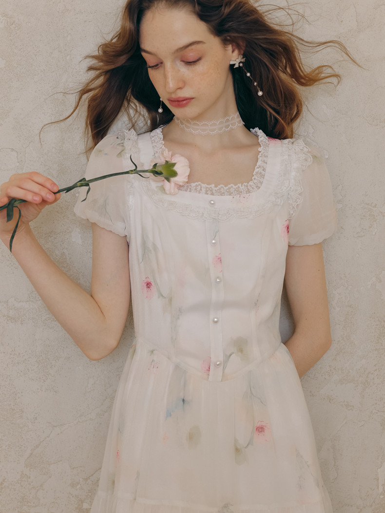 Lace Collar Puff Sleeve Tiered White Dress