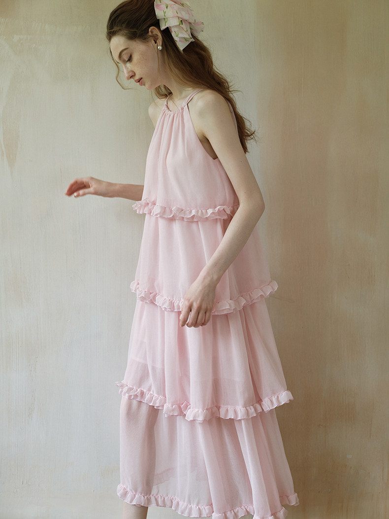 Buy Light Pink Ruffle Tiered Maxi Dress, Sleeveless Halter Dress - Megustas