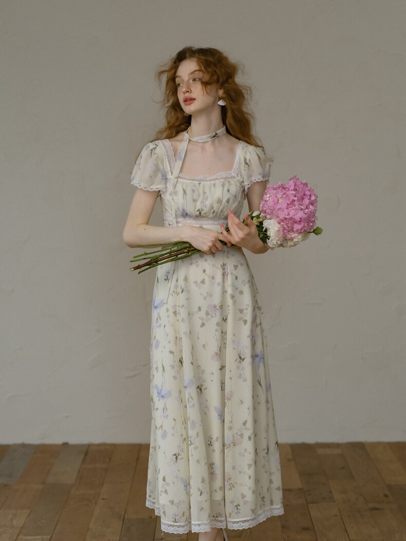 Buy Vintage Lace Floral Dress, High Waist Flowy Midi Dress - Megustas