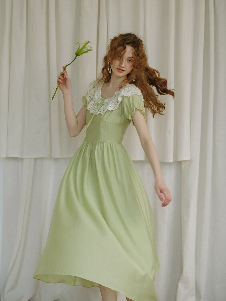 Fresh Green Crochet Lace Collar Dress