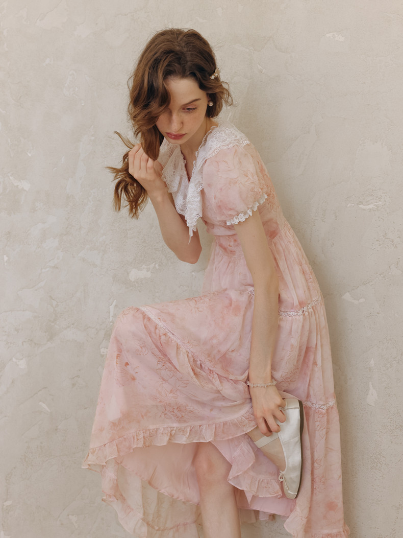 Lace Trim Puff Sleeve Pink Midi Dress