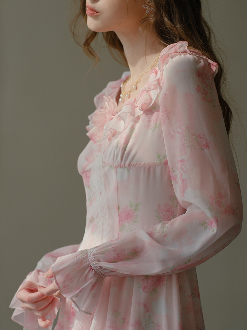 Pink Floral Sheer Sleeve Tiered Maxi