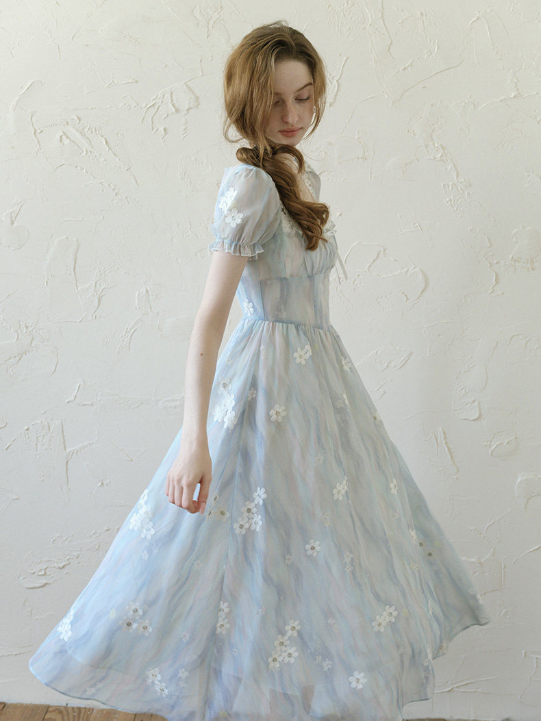 Lace Square Neck Puff Sleeve Blue Floral Dress