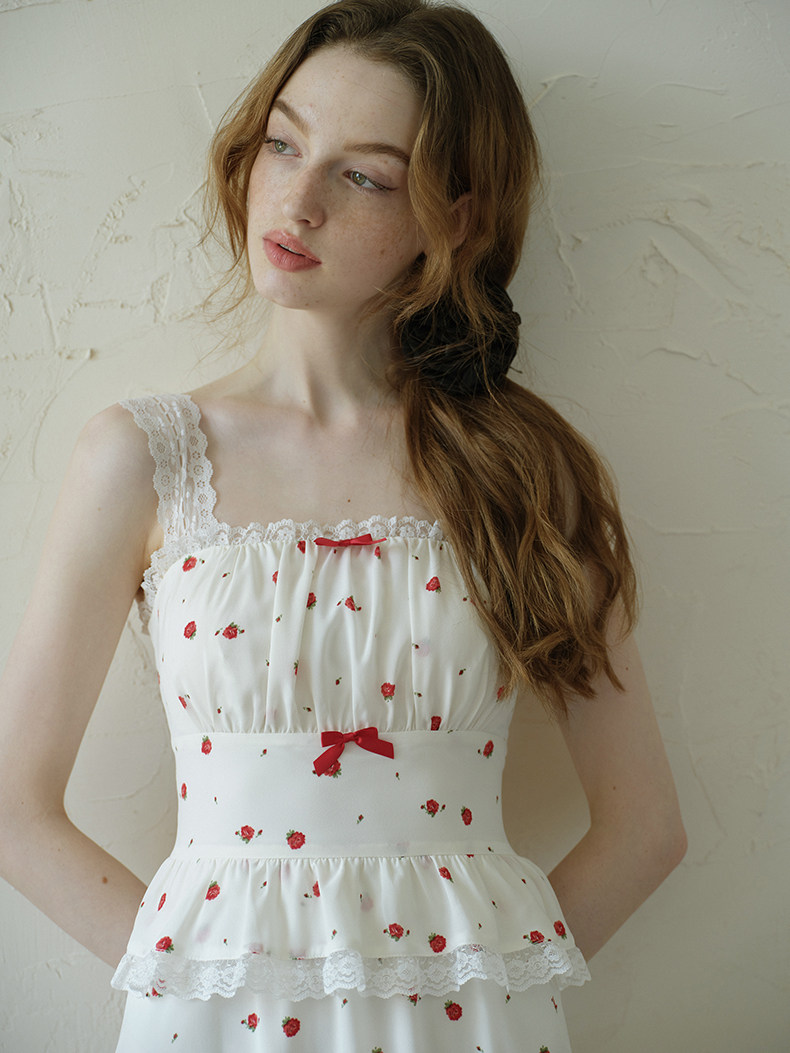 White Red Cherry Bow Wide Strap Dress