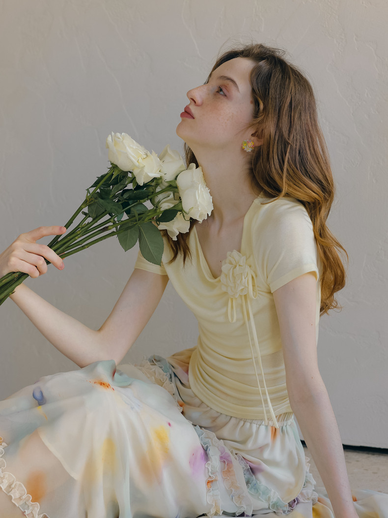Buy Light Yellow Short-Sleeved Woman's T-shirt Decorated With Roses - Megustas