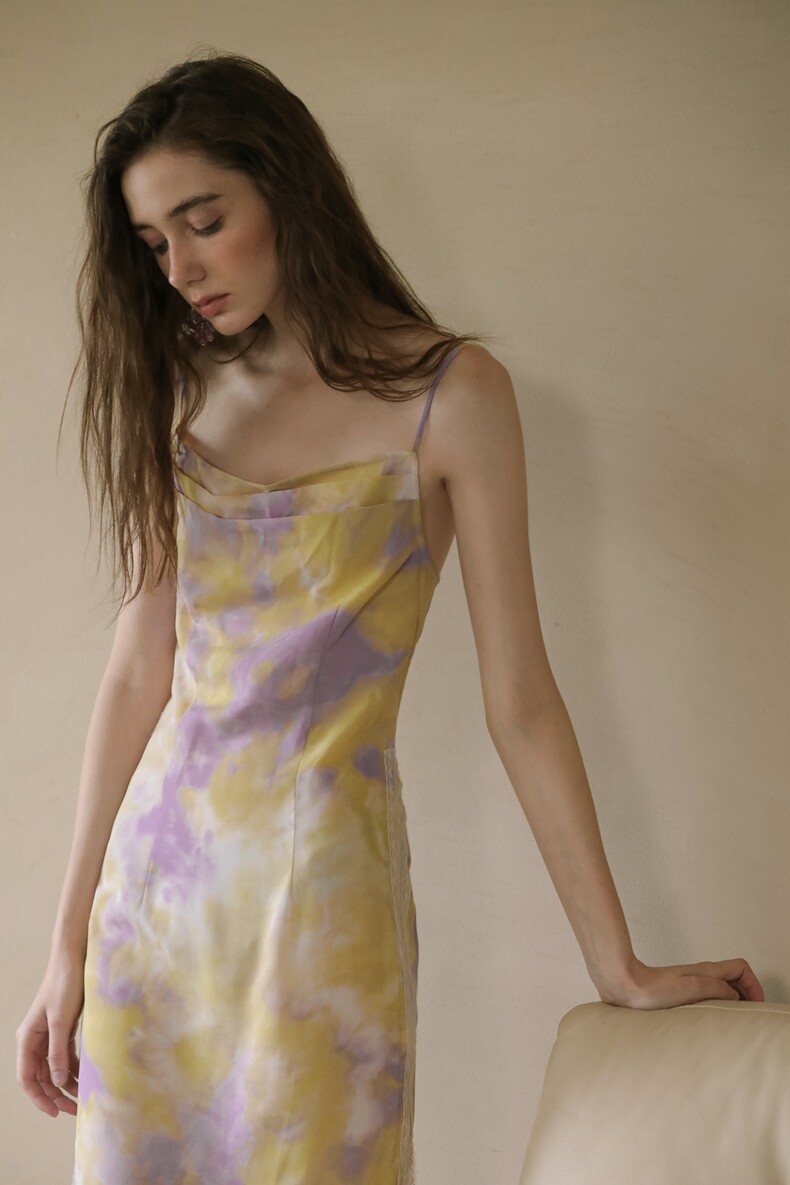 Yellow Purple Watercolor Cowl Neck Slip Dress