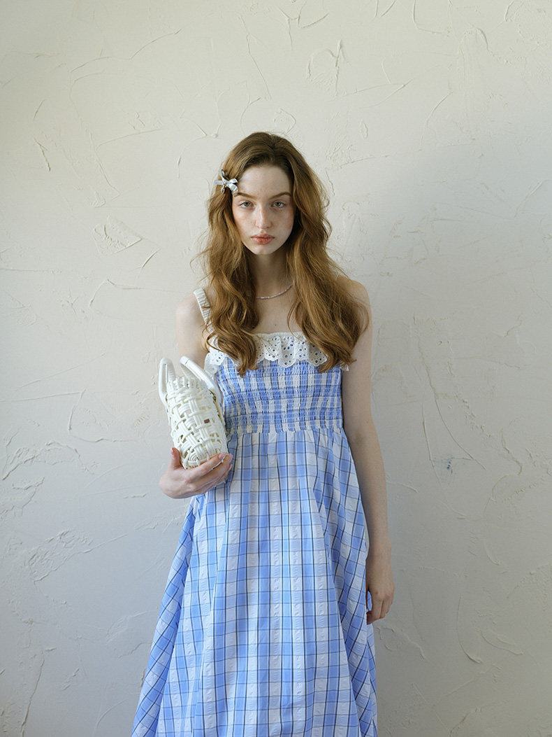Blue White Plaid Lace Trim Slip Dress