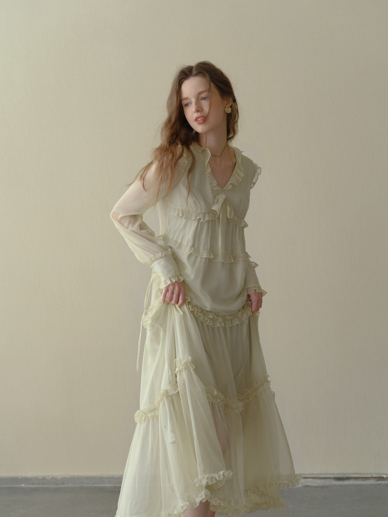 Buy Elegant Ruffle Long Sleeve Dress - Megustas