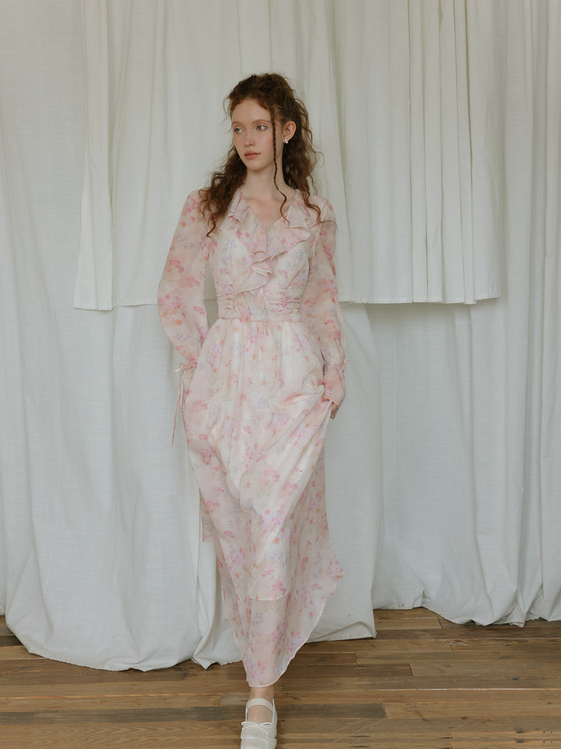 Buy Vintage Ruffle Long Sleeve Chiffon Floral Dress - Megustas