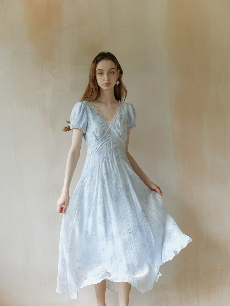 Buy Vintage Blue Puff Sleeve Tea Dress - Megustas