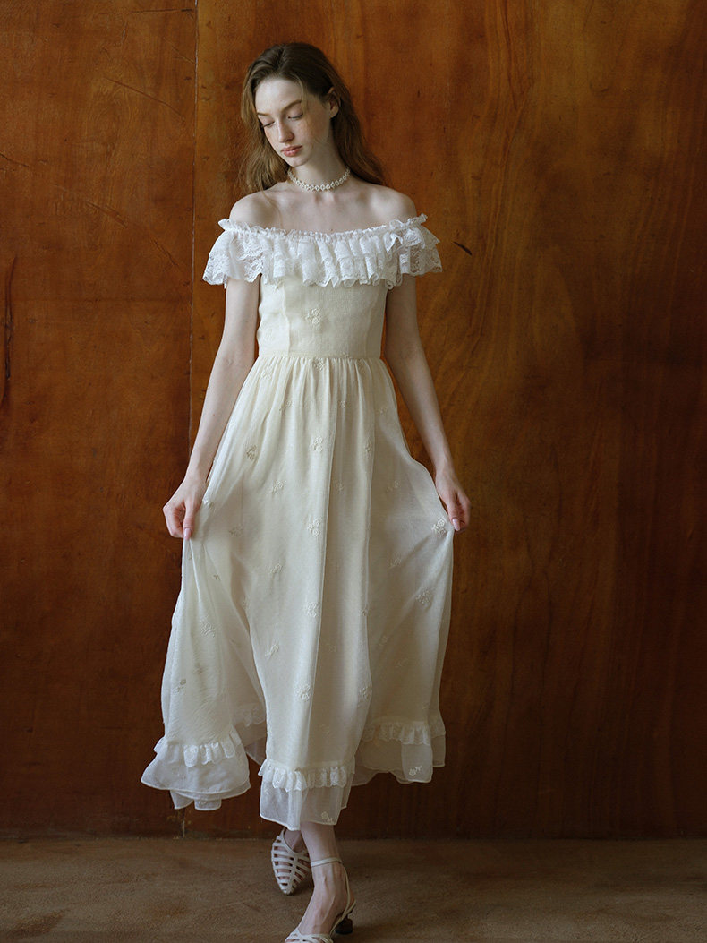 Buy White Lace Cottagecore Dress Ruffle Trim Embroidered Midi Dress - Megustas