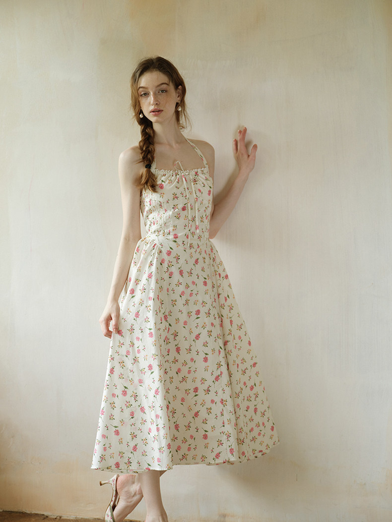 Pink Floral Waisted Halter Midi Dress