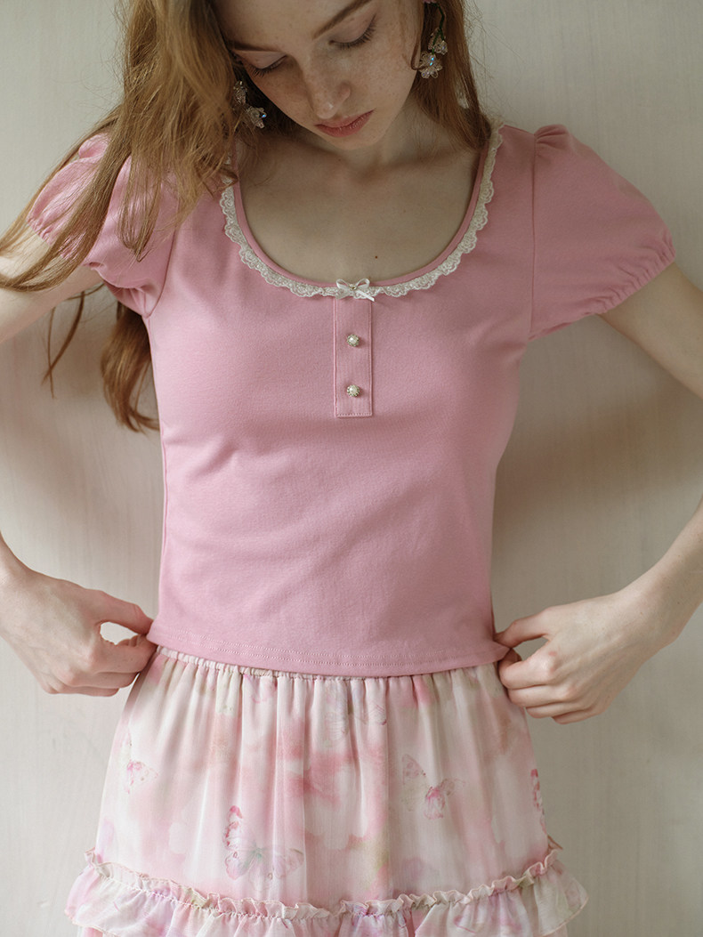 Pink Lace Trim Button Short Sleeve Tee