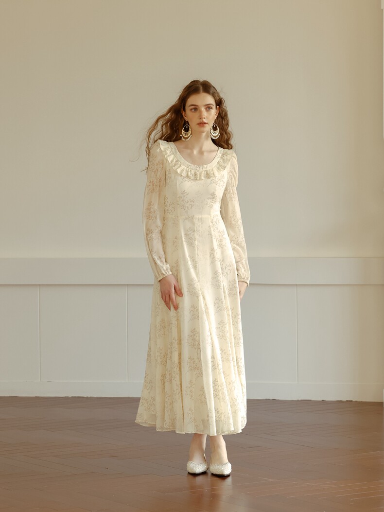 Off-white High Waist A-Line Long Sleeve Dress