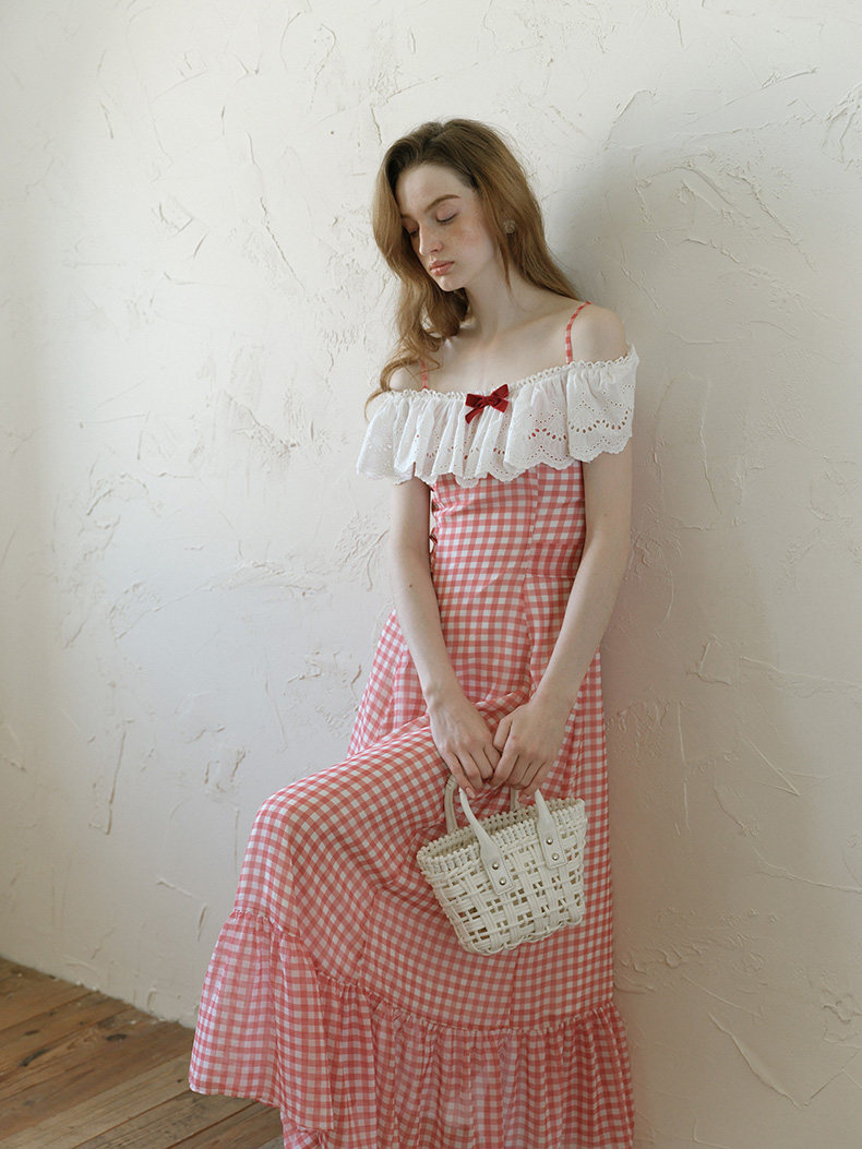 Buy Red Gingham Off-Shoulder Dress Lace Ruffle Vintage - Megustas