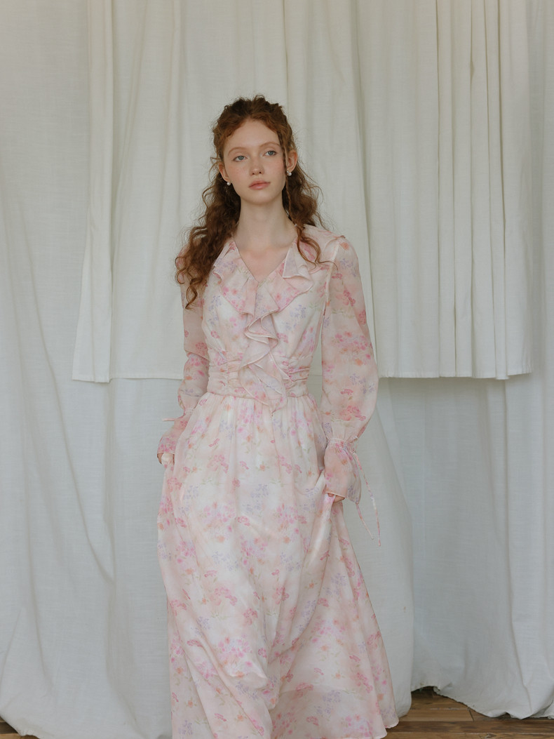 Buy Vintage Ruffle Long Sleeve Chiffon Floral Dress - Megustas