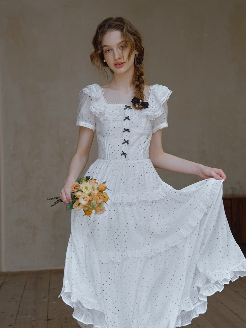 Buy White Polka Dot Tiered Midi Dress with Square Neck - Megustas
