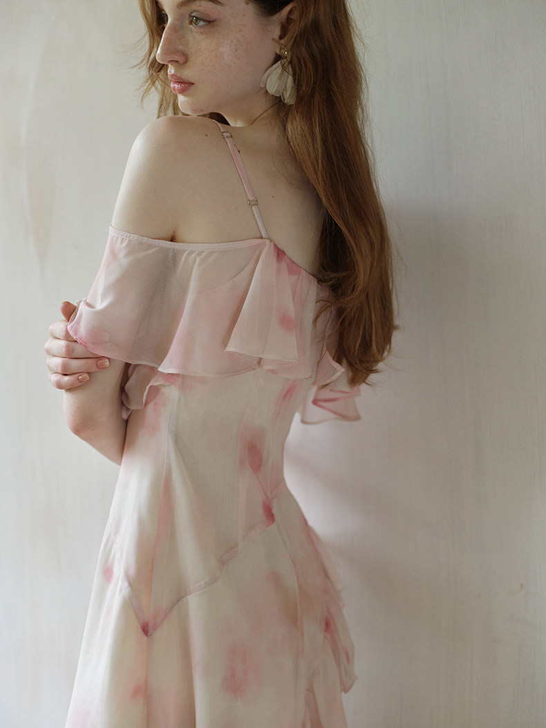 Pink Watercolor Ruffle Slip Dress