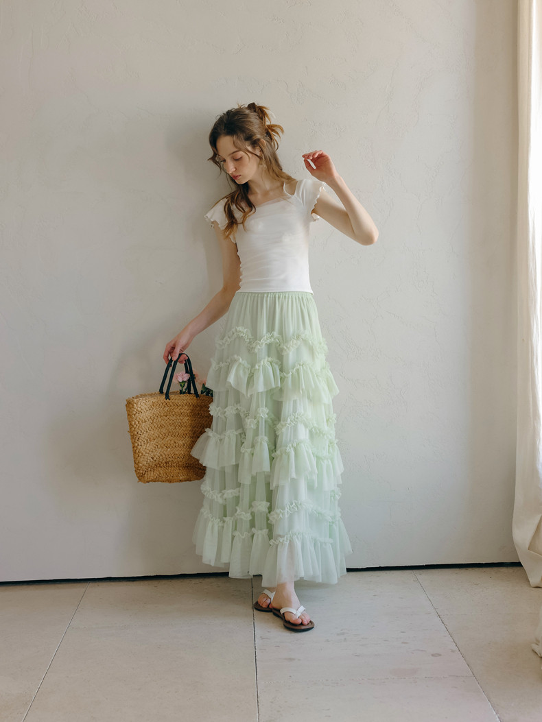 Light green tulle maxi skirt back view