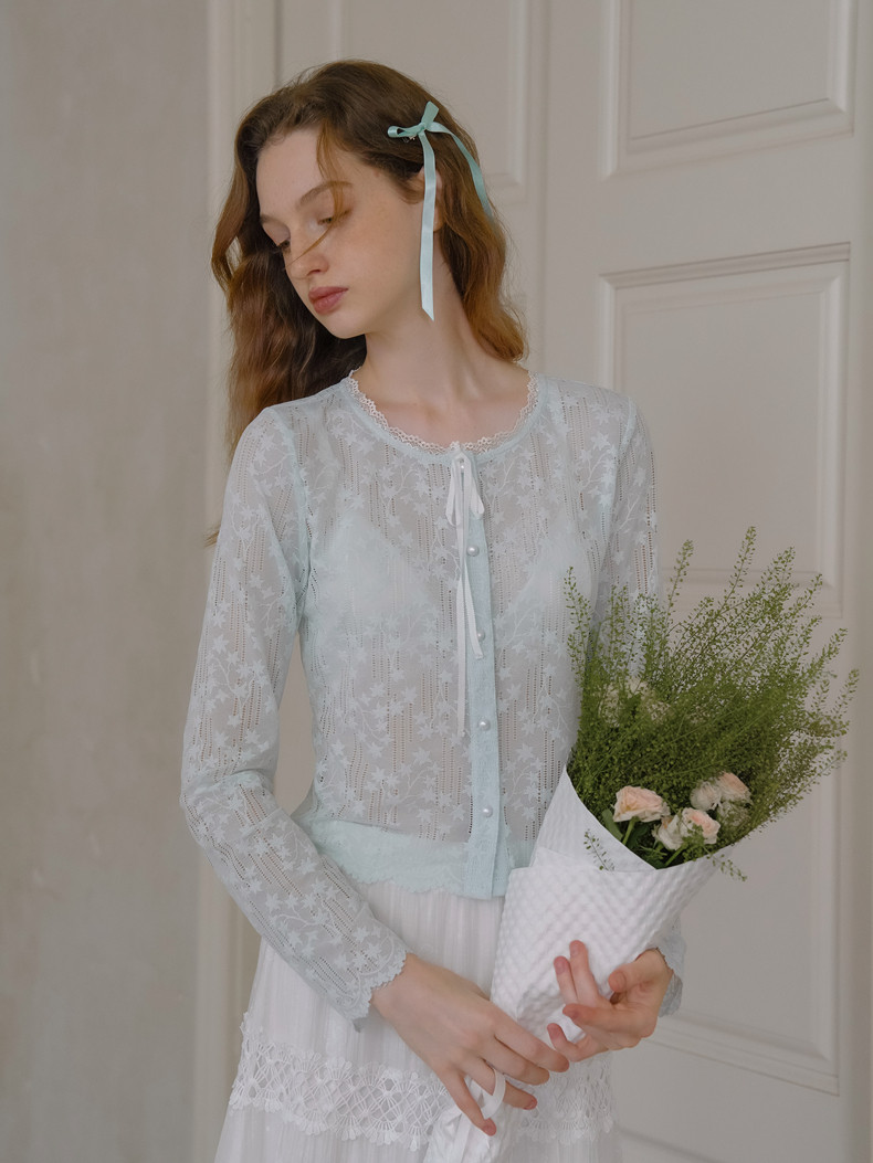 Buy Light Blue Floral Lace Sheer Cardigan, Women’s Top - Megustas