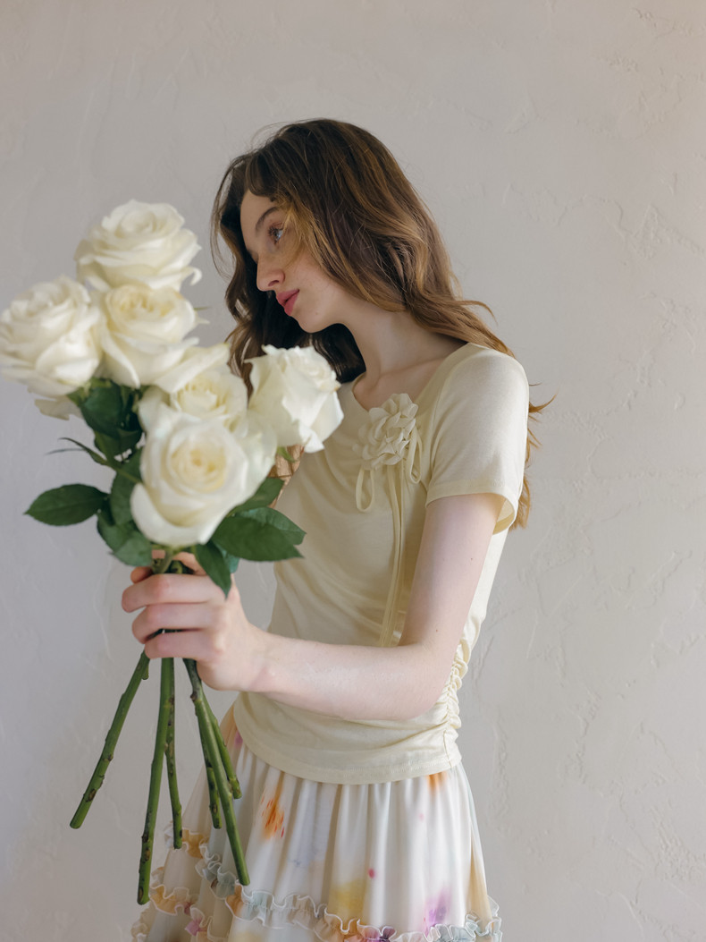 Buy Light Yellow Short-Sleeved Woman's T-shirt Decorated With Roses - Megustas