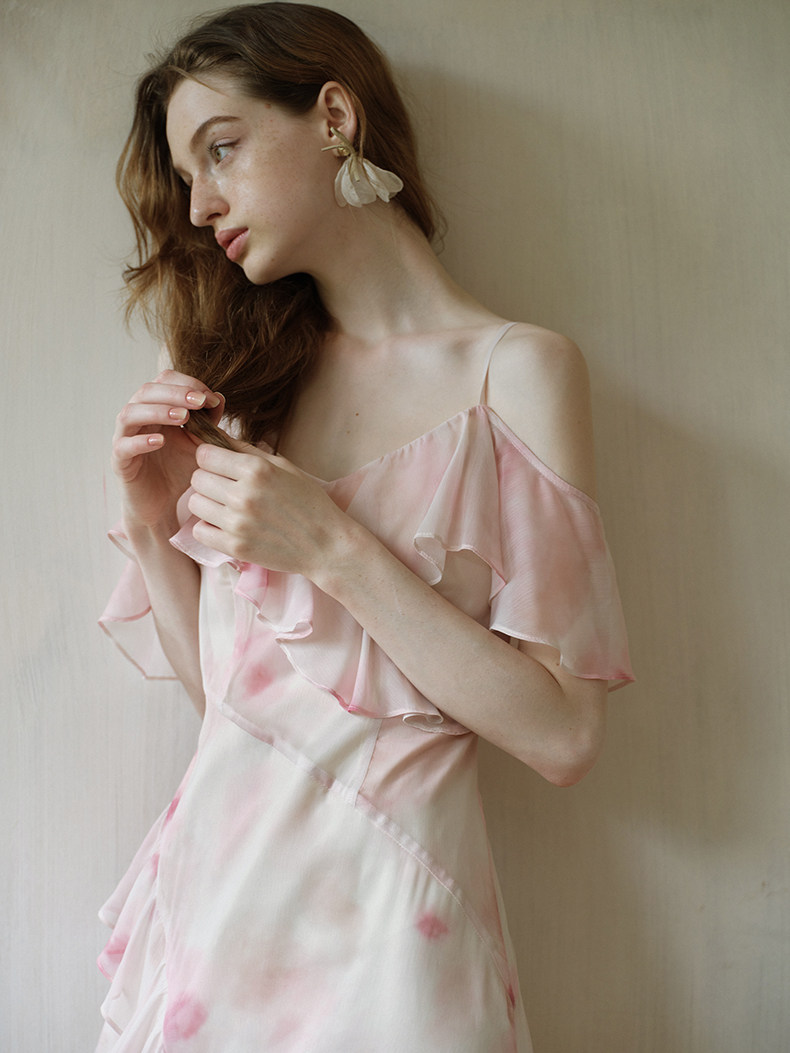 Pink Watercolor Ruffle Slip Dress