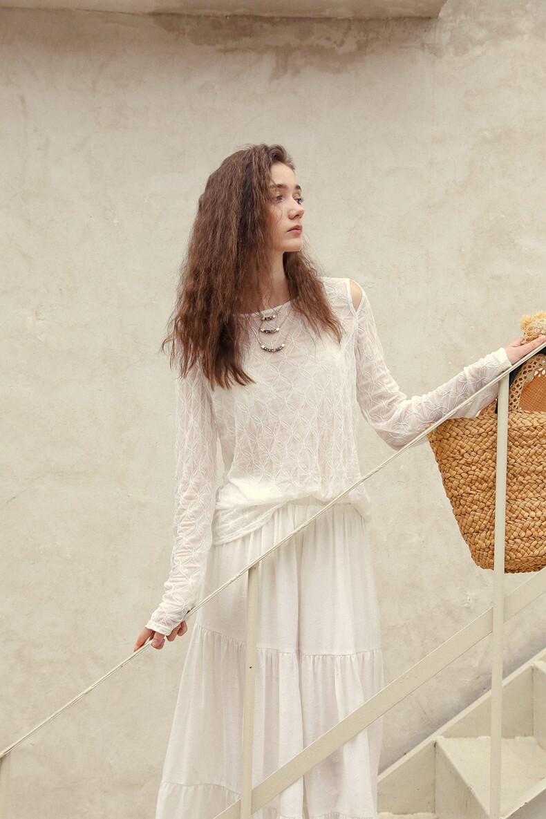 White Diamond Jacquard Sheer Long Sleeve Tee